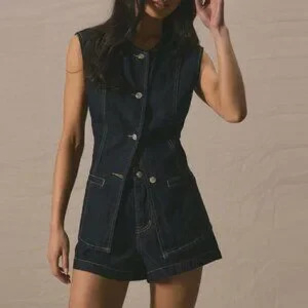 Blue Casual Women's Crew Neck Button Down Longline Fitted Sleeveless Denim Top
